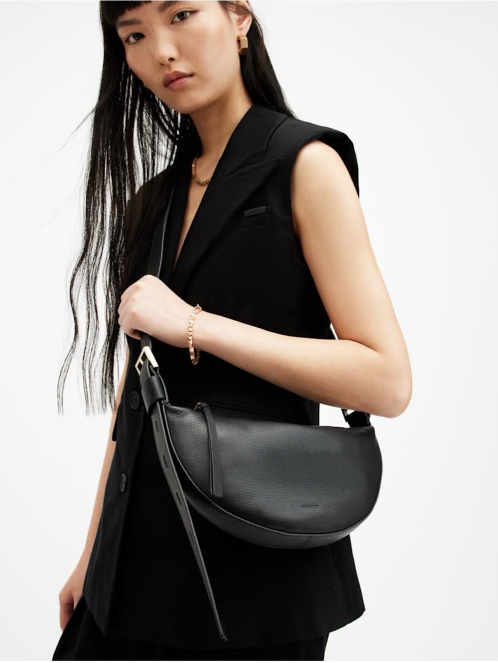 All Saints half moon Leather crossbody Bag black
